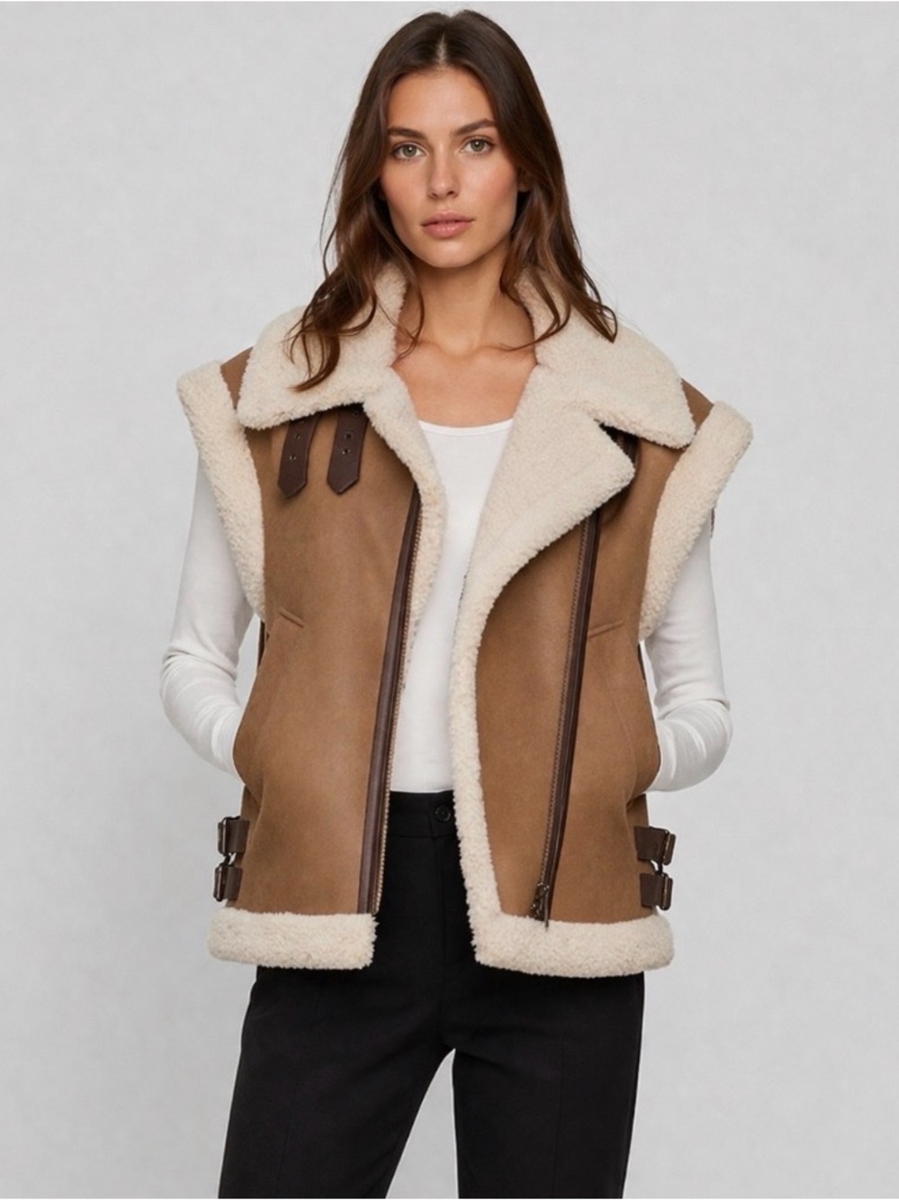 Zara Brown Shearling Sherpa Vest with Cream Trim Size XXL PTP 26 inch Old Money